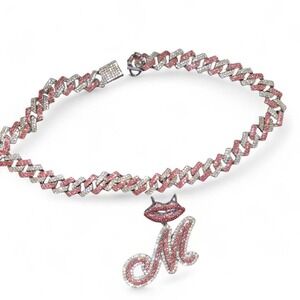 Iced Out Cuban Link Chain + Custom Initial "M" Pendant |‎ Pink Stones